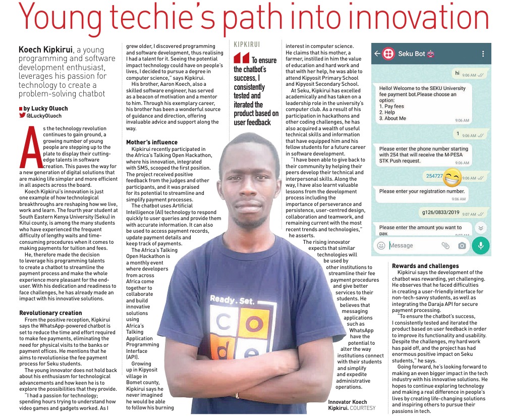 Kipkirui Koech Featured in Newspaper